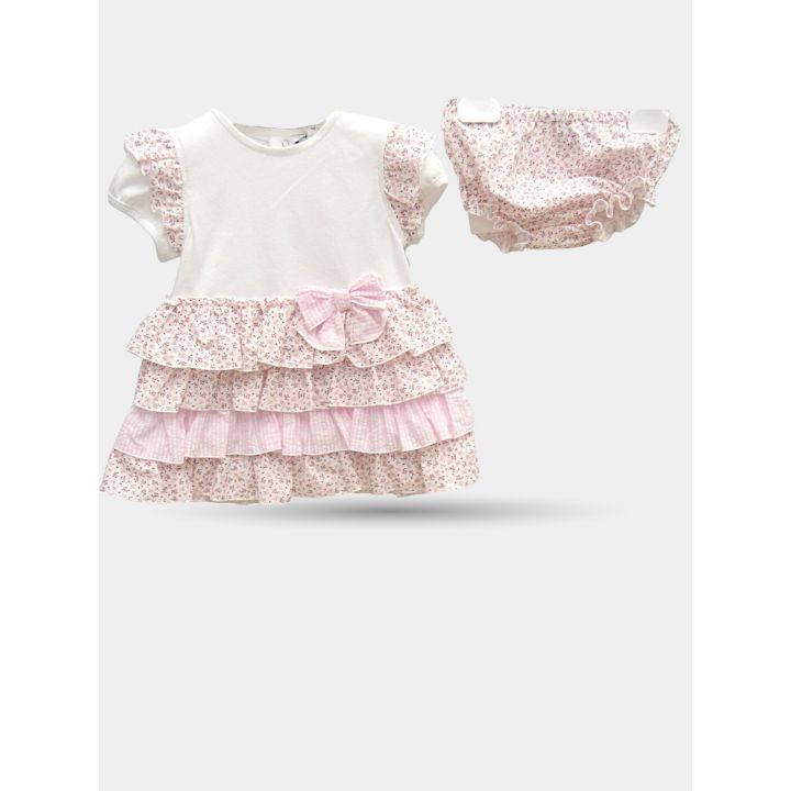 Vestito neonata Aletta rosa a balze con fiocco e coulotte, vista frontale
