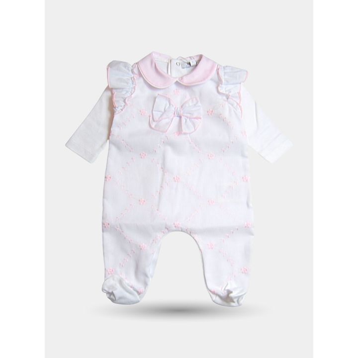 Tutina Aletta bianca con colletto bordato di rosa e fiocco, vista frontale