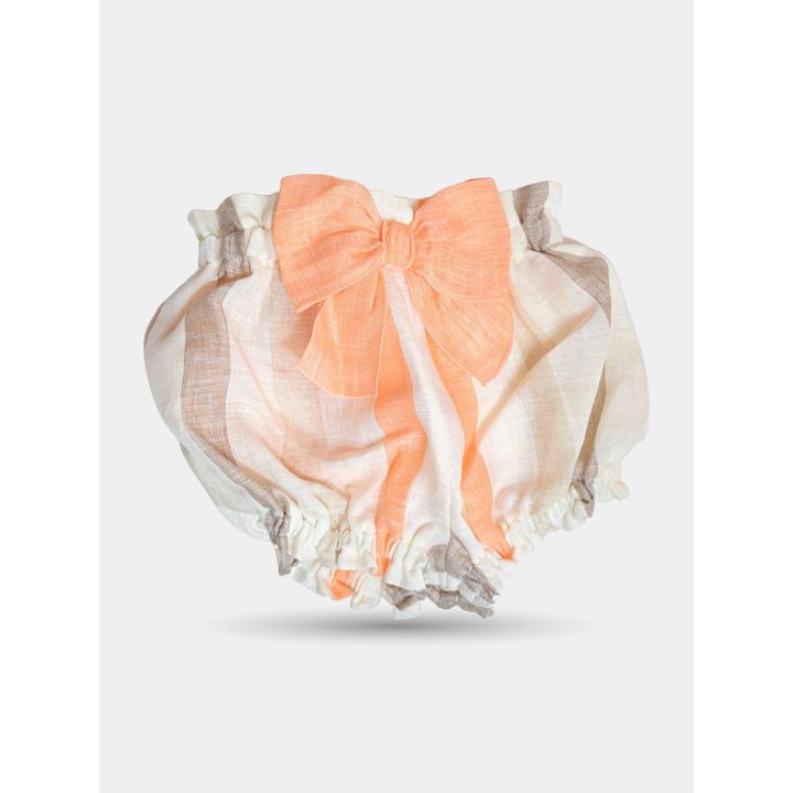 Pantaloncini Aletta a righe ecrù e arancio con grande fiocco, davanti