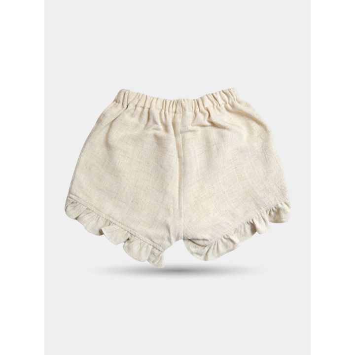 Pantaloncini Aletta beige con volant arricciato sul fondo, davanti