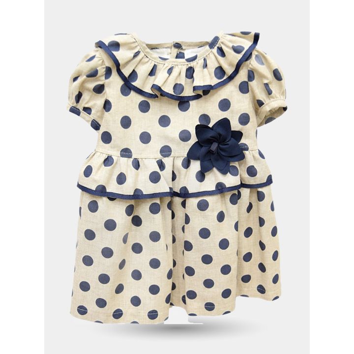 Vestito bimba Aletta beige a pois blu con fiore applicato, vista frontale
