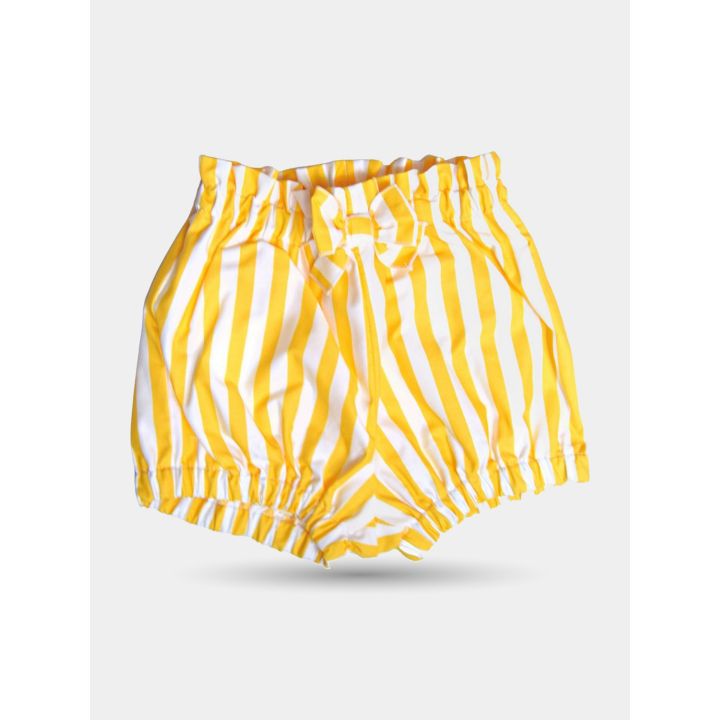 Pantaloncini Aletta a righe gialle e bianche con fiocchetto in vita, davanti