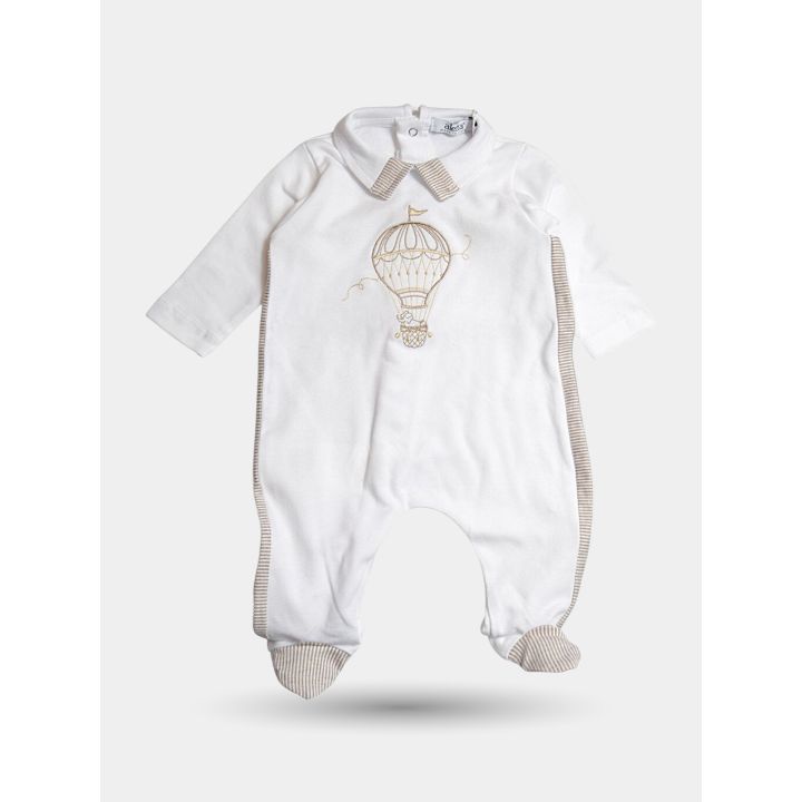 Tutina Aletta bianca da neonato con mongolfiera ricamata tortora vista frontale