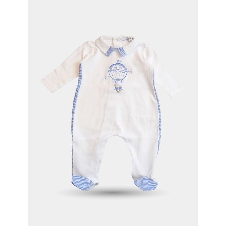 Tutina Aletta bianca da neonato con mongolfiera ricamata blu vista frontale