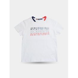 T-shirt Jeckerson bianca da bambino vista frontale con scritta ripetuta