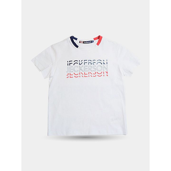 T-shirt Jeckerson bianca da bambino vista frontale con scritta ripetuta