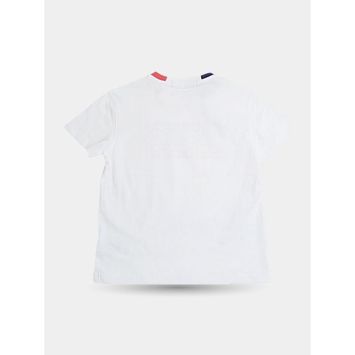 Retro della t-shirt Jeckerson bianca con collo blu e rosso