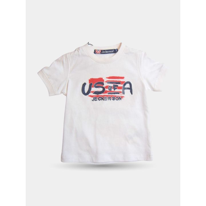 T-shirt Jeckerson bianca da bambino vista frontale con stampa US of A