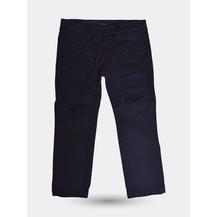 Pantaloni Jeckerson blu estivi da bambino vista frontale con toppe