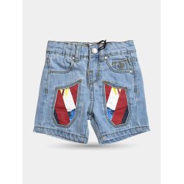 Bermuda jeans Jeckerson blu chiaro da bambino vista frontale con toppe stampate
