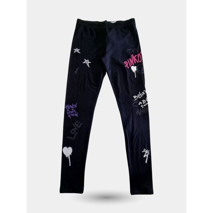 Leggings Pinko neri con logo fucsia e scritte graffiti, vista frontale