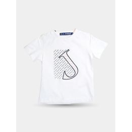 T-shirt Jeckerson bianca da bambino vista frontale con grande J stampata
