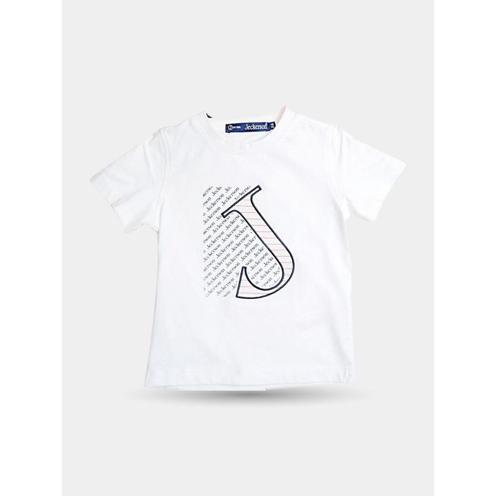 T-shirt Jeckerson bianca da bambino vista frontale con grande J stampata