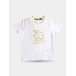 T-shirt Jeckerson bianca da bambino vista frontale con scritta gialla