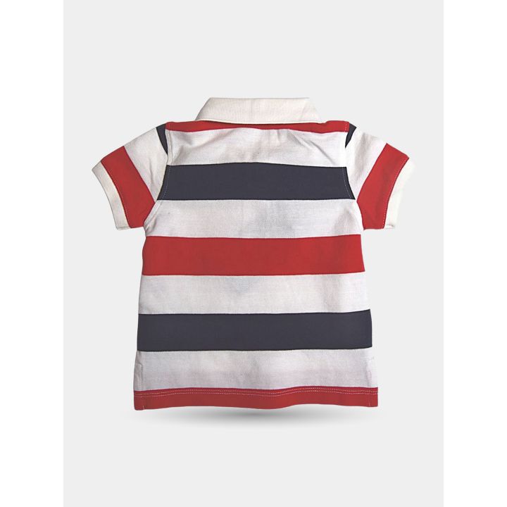 Retro della polo a righe larghe rosse e blu con collo bianco
