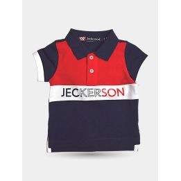 Polo Jeckerson blu e rossa da neonato vista frontale con scritta bianca