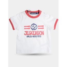 T-shirt Jeckerson bianca da neonato con smile e scritta rossa, vista frontale
