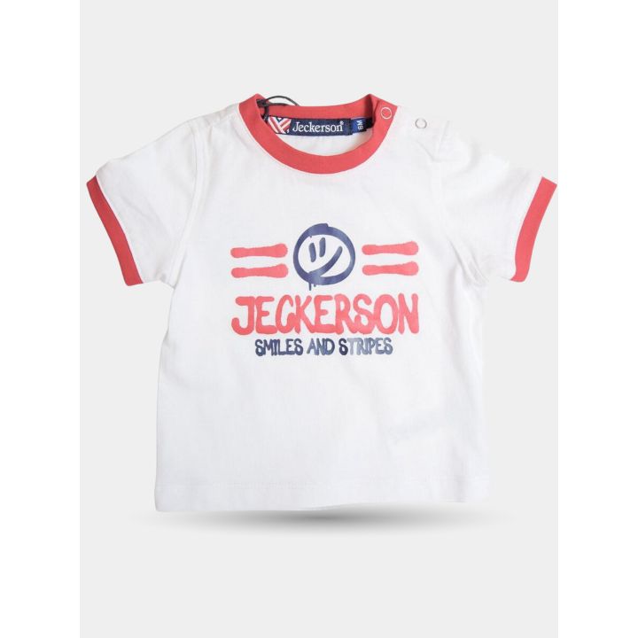 T-shirt Jeckerson bianca da neonato con smile e scritta rossa, vista frontale