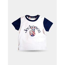 T-shirt Jeckerson bianca con maniche blu e mano a V, vista frontale