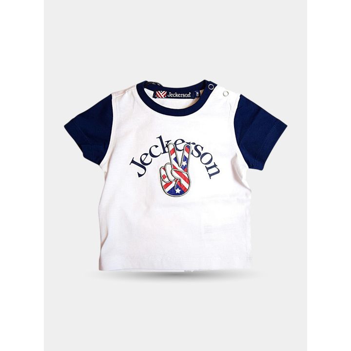 T-shirt Jeckerson bianca con maniche blu e mano a V, vista frontale