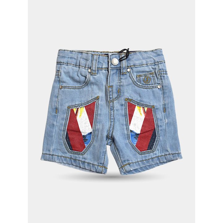Bermuda jeans Jeckerson blu chiaro da neonato vista frontale con toppe