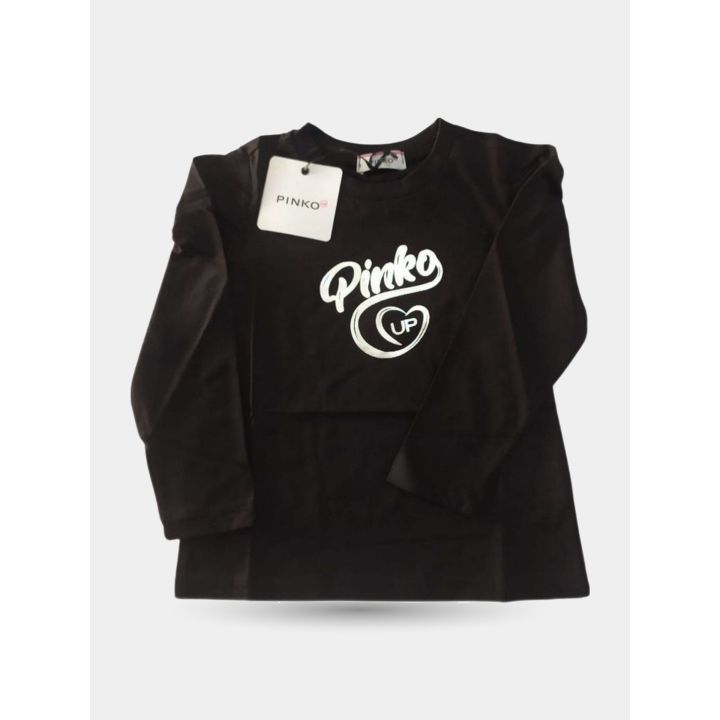 T-shirt Pinko nera a maniche lunghe con logo argento, vista frontale