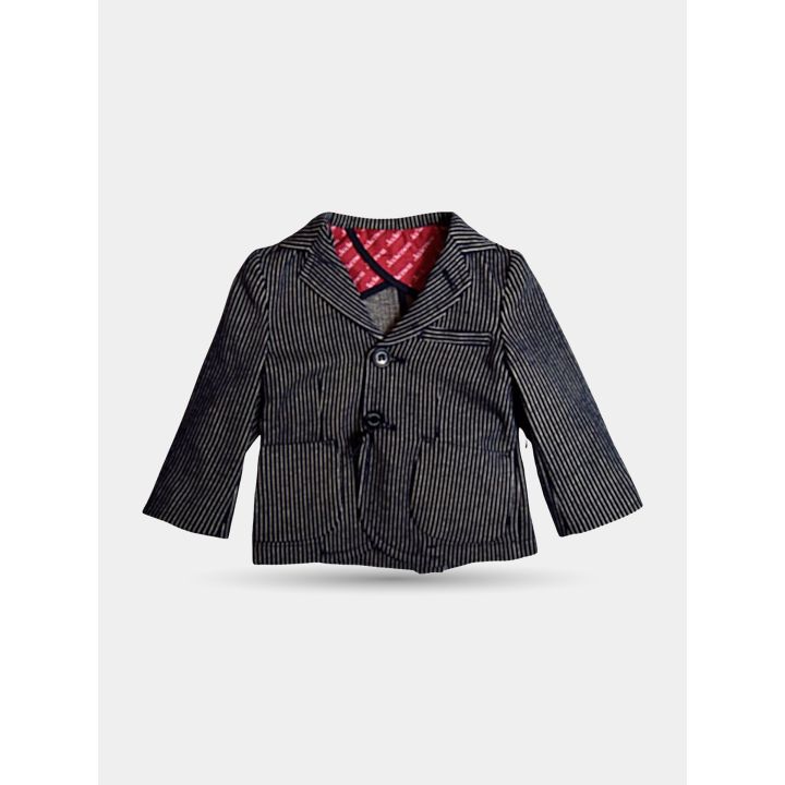 Giacca gessata Jeckerson blu da neonato vista frontale, con interno rosso