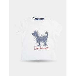 T-shirt Jeckerson bianca da neonato con cagnolino blu stampato, vista frontale