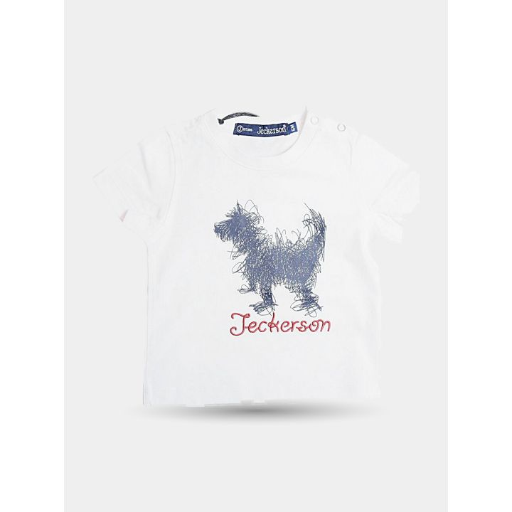 T-shirt Jeckerson bianca da neonato con cagnolino blu stampato, vista frontale