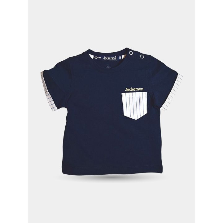 T-shirt Jeckerson blu da neonato con taschino bianco a righe, vista frontale