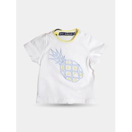 T-shirt Jeckerson bianca da neonato con ananas azzurro, vista frontale