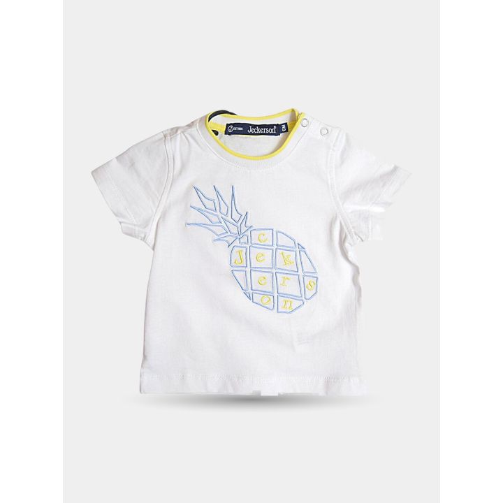 T-shirt Jeckerson bianca da neonato con ananas azzurro, vista frontale
