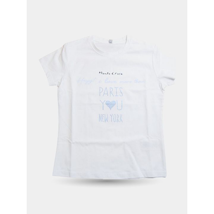 T-shirt Manila Grace bianca con scritta Paris You New York, davanti