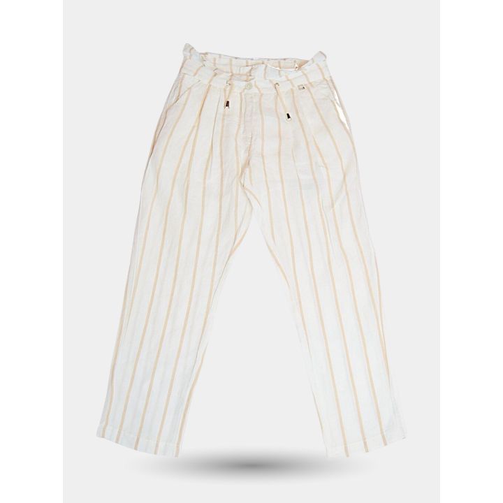 Pantaloni Manila Grace bianchi a righe color pesca con coulisse, vista frontale