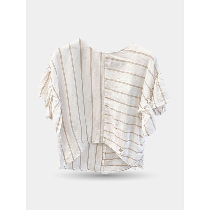 T-shirt Manila Grace in misto lino a righe beige, vista frontale