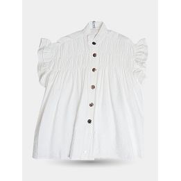 Camicia Manila Grace beige con petto arricciato e bottoni dorati, vista frontale