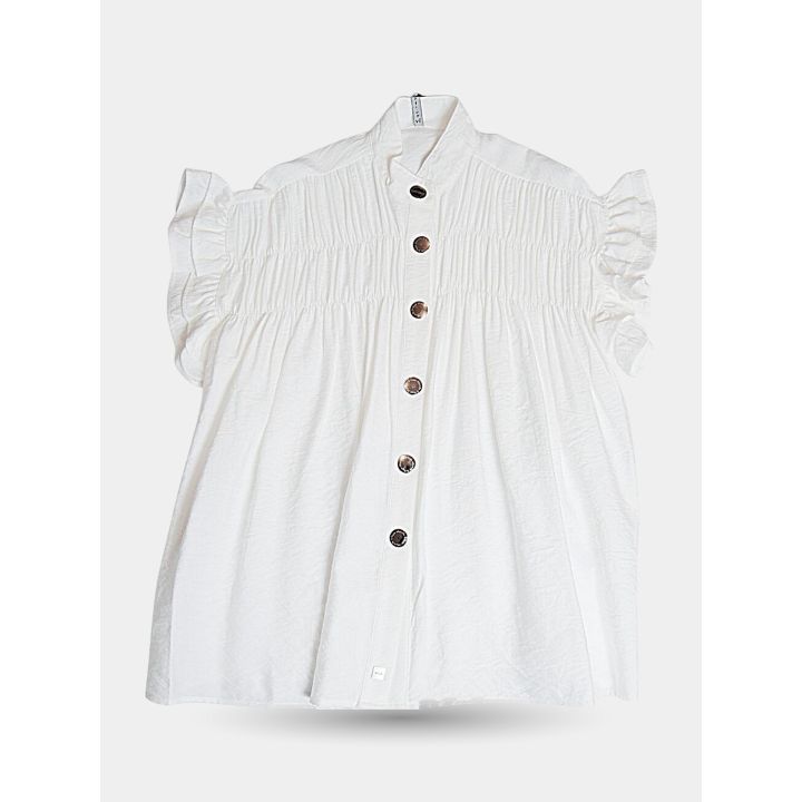 Camicia Manila Grace beige con petto arricciato e bottoni dorati, vista frontale