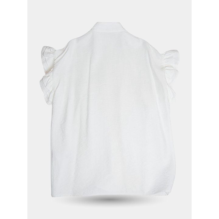 Retro della camicia beige ampia con maniche corte a volant