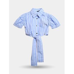 Camicia corta a righe azzurre Manila Grace da bambina, vista frontale con i lacci