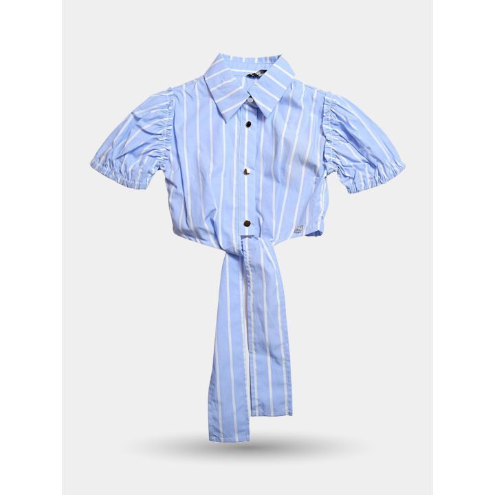 Camicia corta a righe azzurre Manila Grace da bambina, vista frontale con i lacci