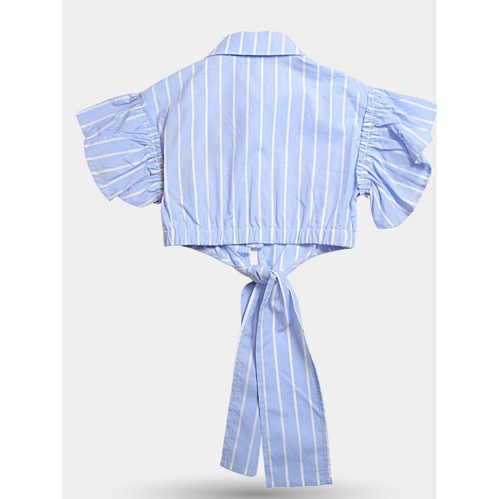 Retro della camicia a righe azzurre con nodo in vita e maniche a palloncino