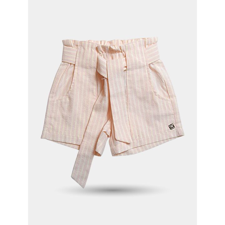 Pantaloncini Manila Grace a righe rosa con cintura a fiocco, davanti