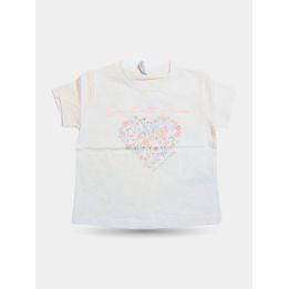T-shirt Manila Grace beige con cuore di fiori rosa e azzurri, davanti