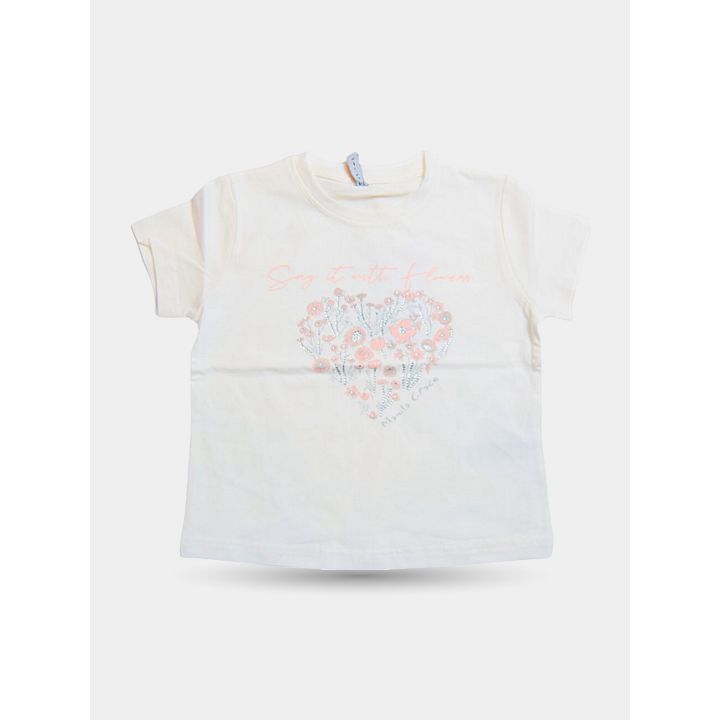 T-shirt Manila Grace beige con cuore di fiori rosa e azzurri, davanti