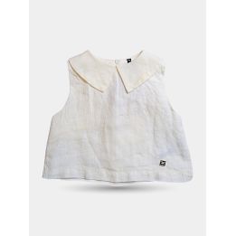 Blusa Manila Grace smanicata in lino beige con colletto a punta, vista frontale