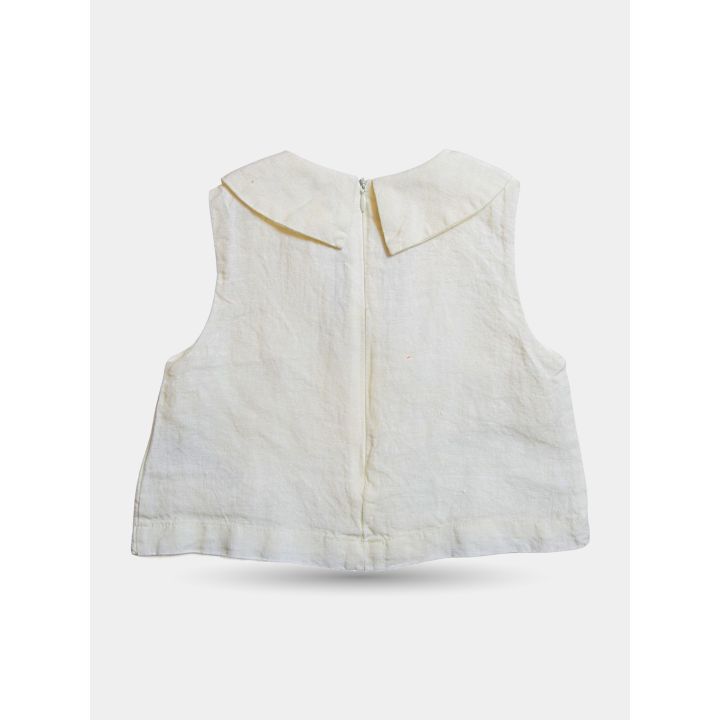 Retro della blusa in lino beige con zip lunga e colletto