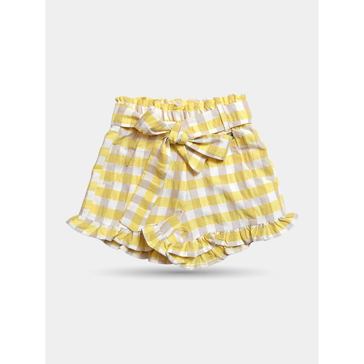 Pantaloncini Manila Grace a quadretti gialli con fiocco e volant, davanti