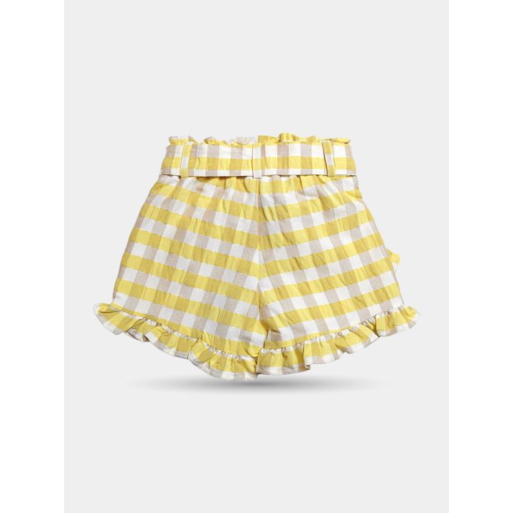 Retro dei pantaloncini a quadretti gialli con volant sul fondo