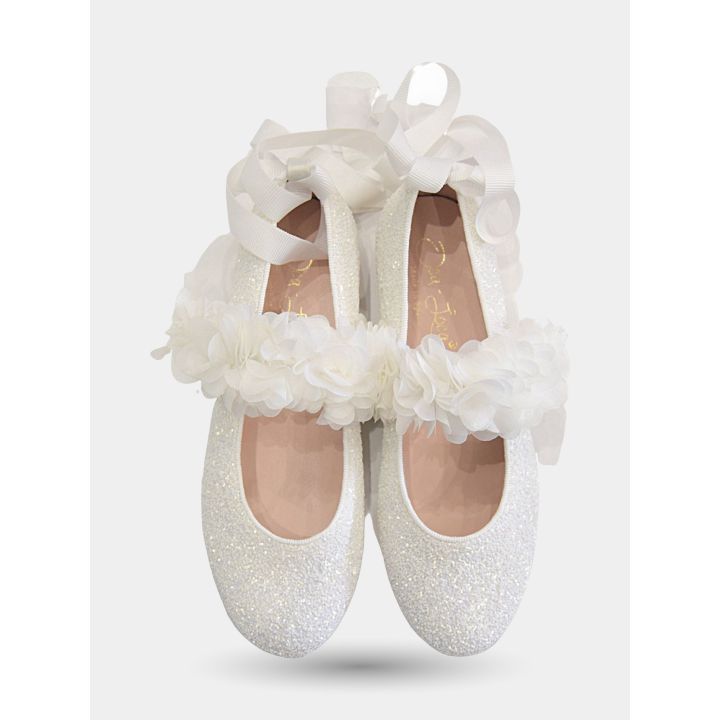 Ballerine Oca Loca bianche glitter viste dall'alto con fascia di fiori