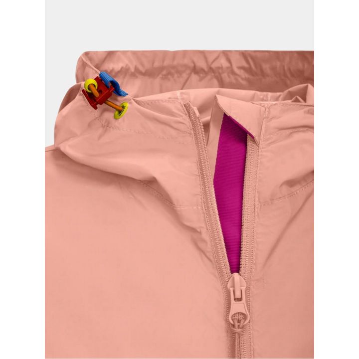 Dettaglio dei fermi colorati della coulisse e della fascia fucsia interna alla zip